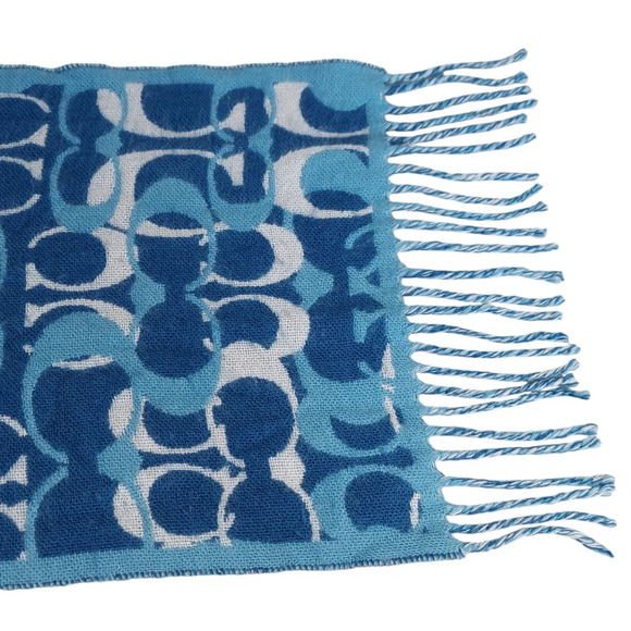 Coach Blues Monogram 100% Merino Wool Oversized‎ Scarf Muffler with fringe - Picture 7 of 15